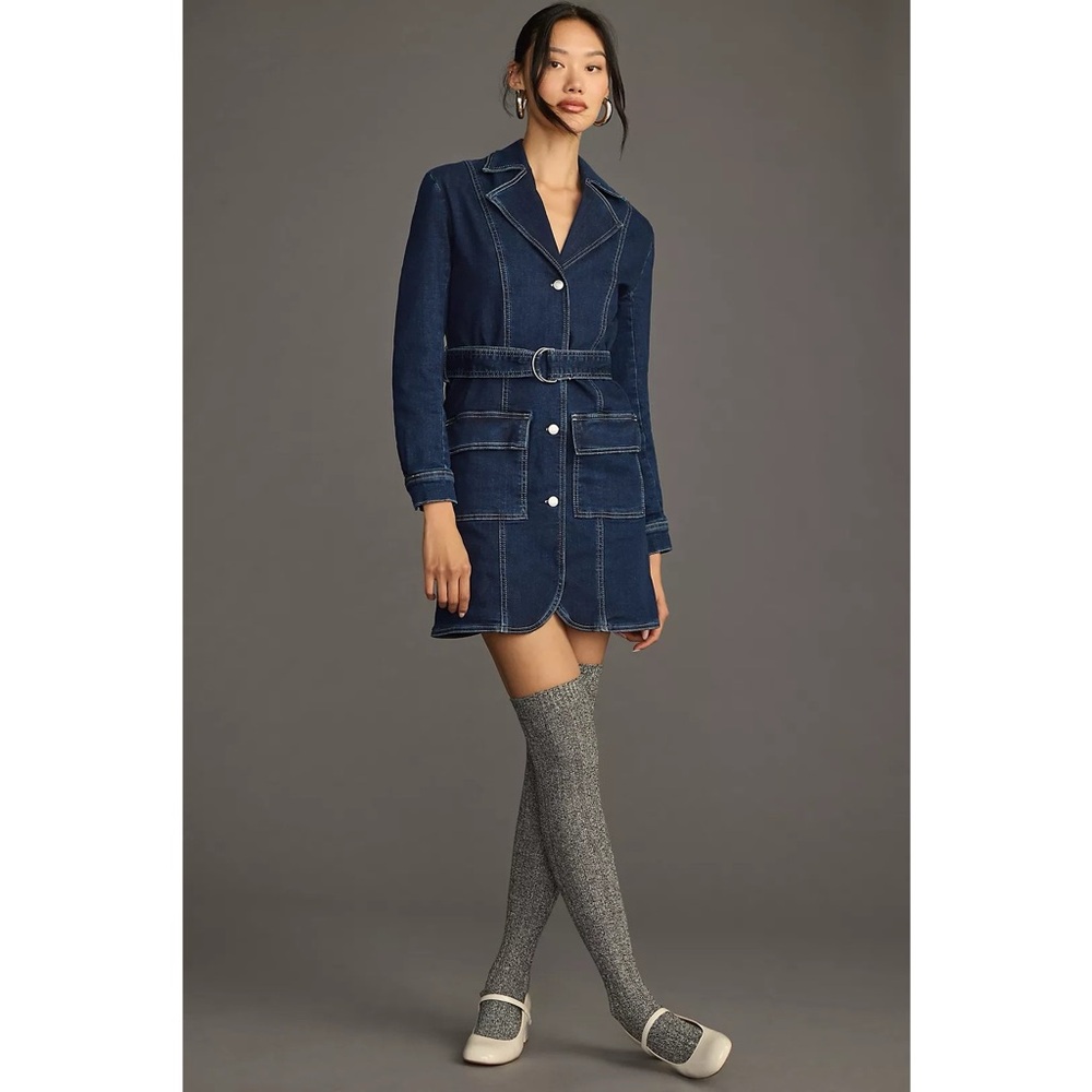 Anthropologie Pilcro Belted Denim Blazer Mini Dress in Dark Indigo‎ Blue